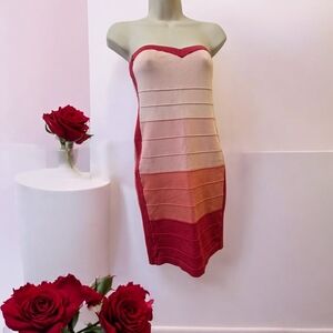 bebe Strapless Dress in Red and Pink Ombre